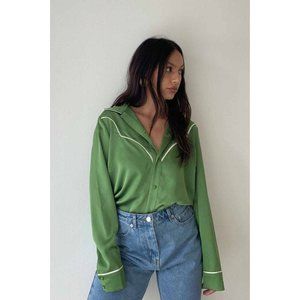 Eclectic Grandpa: Cowgirl Green Oversized Silky Blouse with Cream Trim 🌵